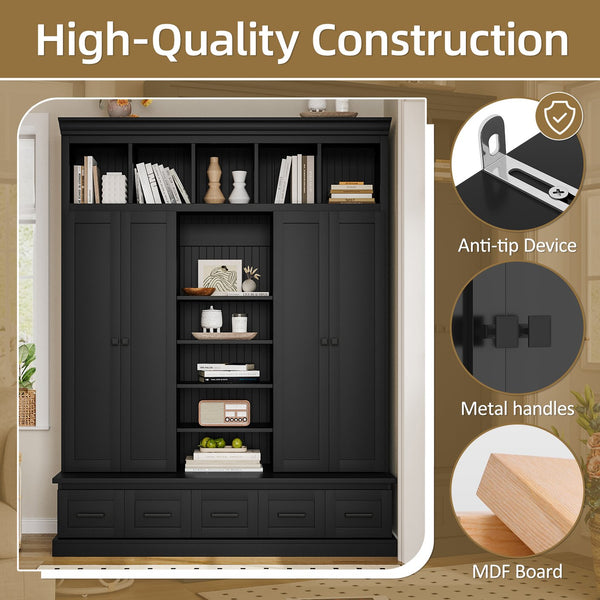 English Elm VIBE Hall Tree with Bench and Cabinets for Entryway — Adjustable Shelves, Drawers, Sturdy MDF Organizer Black SJ000139AAB