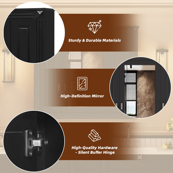 English Elm Bathroom Wall Cabinet with Mirror and 5 Shelves — Wall-Mounted Medicine Cabinet, Modern Storage Solution Black N710P252503B