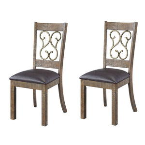 English Elm Weathered Cherry Open Scroll Side Chairs Set of 2 with Black PU Cushions — Stylish, Comfortable Design B062P186536