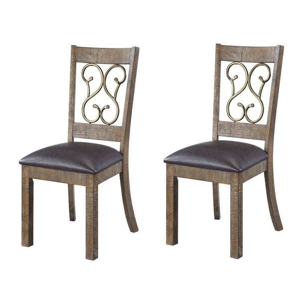 English Elm Weathered Cherry Open Scroll Side Chairs Set of 2 with Black PU Cushions — Stylish, Comfortable Design B062P186536