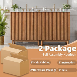 English Elm Modern 48 Inch Freestanding Bathroom Vanity Dual Ceramic Sinks Soft Close Gold Handles N729P000012O
