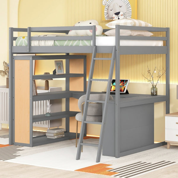 English Elm Full Size Loft Bed with Desk Shelves Writeable Board Pine Frame Gray Finish LT100226AAE-1