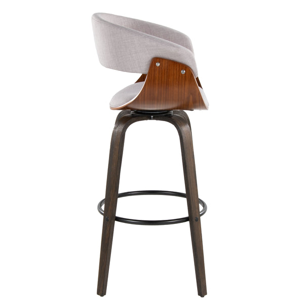 English Elm Vintage 30" Mid-Century Barstool Set of 2 in Walnut & Stone Fabric, Swivel Seat, Bentwood Legs, 250lb B202S00719