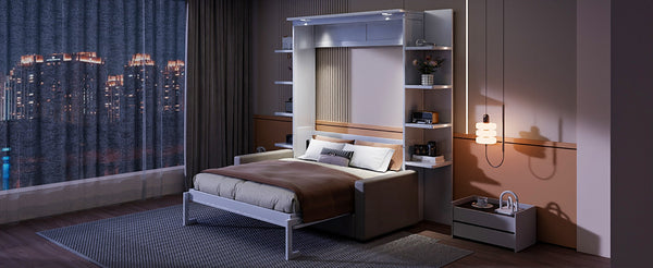 English Elm Queen Murphy Bed with Integrated Sofa Space Saving Fold Down Cabinet for Studio Living White LP000591AAK-2