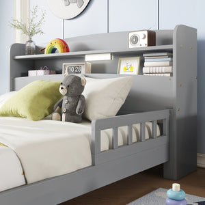 English Elm Full Pine Wood Bed with Bookcase Headboard and LED Motion Sensor Light, Guardrails & Storage Space Grey W504P277598