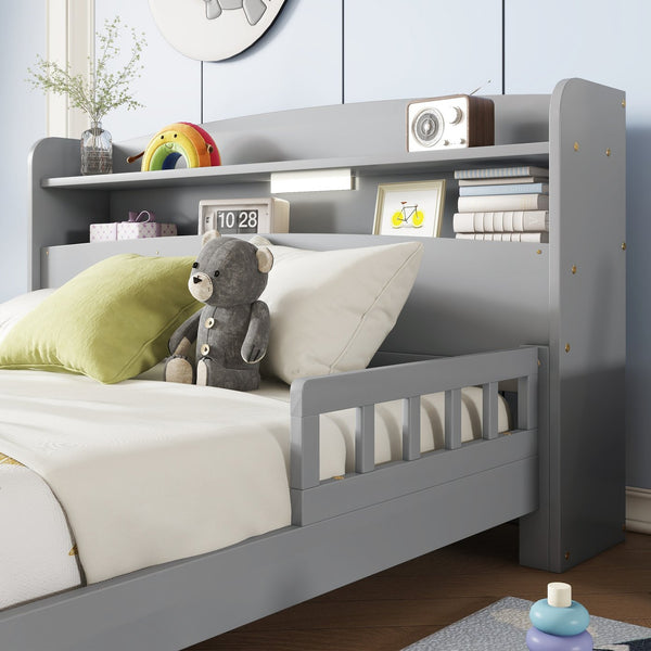 English Elm Full Pine Wood Bed with Bookcase Headboard and LED Motion Sensor Light, Guardrails & Storage Space Grey W504P277598