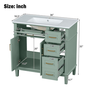 English Elm 36" Green Modern Bathroom Vanity with Ceramic Sink, 4 Soft-Close Drawers & Doors, Solid Wood Build N729P253935F