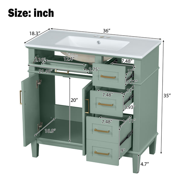 English Elm 36" Green Modern Bathroom Vanity with Ceramic Sink, 4 Soft-Close Drawers & Doors, Solid Wood Build N729P253935F