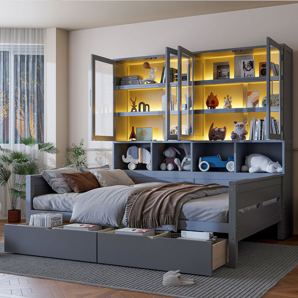 English Elm Full Size Wooden Daybed With Stylish Led Lighting, Glass Storage Cabinets & Versatile Shelves In Gray N820S00051E