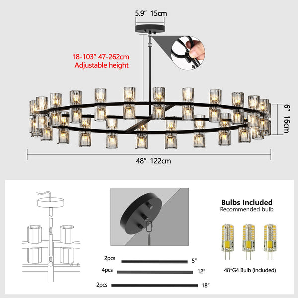 English Elm 48 Luxury Crystal Chandelier 50x50 Modern Black Ceiling Light G4 LED Warm White 144W Equivalent W2312P368694
