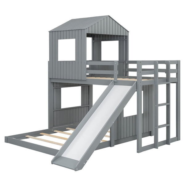 English Elm Wooden Twin Over Full Bunk Bed Farmhouse Playhouse Slide Pinewood Kids Loft Gray LT000328AAN