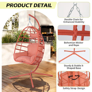 English Elm Egg Hanging Chair with Stand Pe Rattan Swing Seat Washable Cushion Patio Bedroom T5880P497442