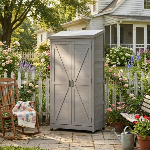 English Elm Outdoor Cedar Wood Vertical Storage Shed with Metal Roof for Garden Tools W2640P262538