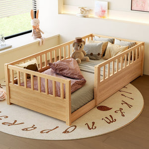 English Elm Twin Montessori Floor Bed Solid Pine Frame with Safety Fence Door for Kids Play Space Natural W1858P382399
