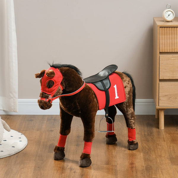 English Elm Qaba Plush Ride on Pony Toy with Saddle Stirrups and Neighing Sound for Kids W2225P249772