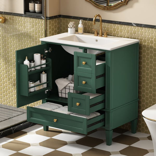 English Elm 30 30 Inch Bathroom Vanity with Ceramic Sink, Modern Compact 3-Drawer Storage Cabinet for Small Baths Green N710P247499F