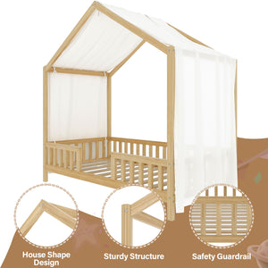 English Elm Montessori House Bed Frame Twin with Canopy & Full Guardrails, Cozy Kids Platform Bed for Toddlers Natural 81.5 L x 16 W x 6.6 H N733P356043M