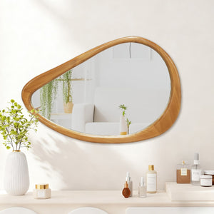 English Elm Modern Irregular Teardrop Wooden Wall Mirror Natural Frame 29.92"x20.08" Mid-Century Vanity Accent W2295P388971