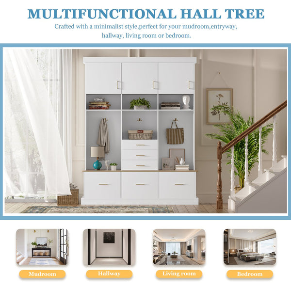 English Elm U-Can Multifunctional 75" Hall Tree with Bench, 3 Cabinets, 6 Drawers, Shelves & Anti-Tip Design White SJ000152AAK