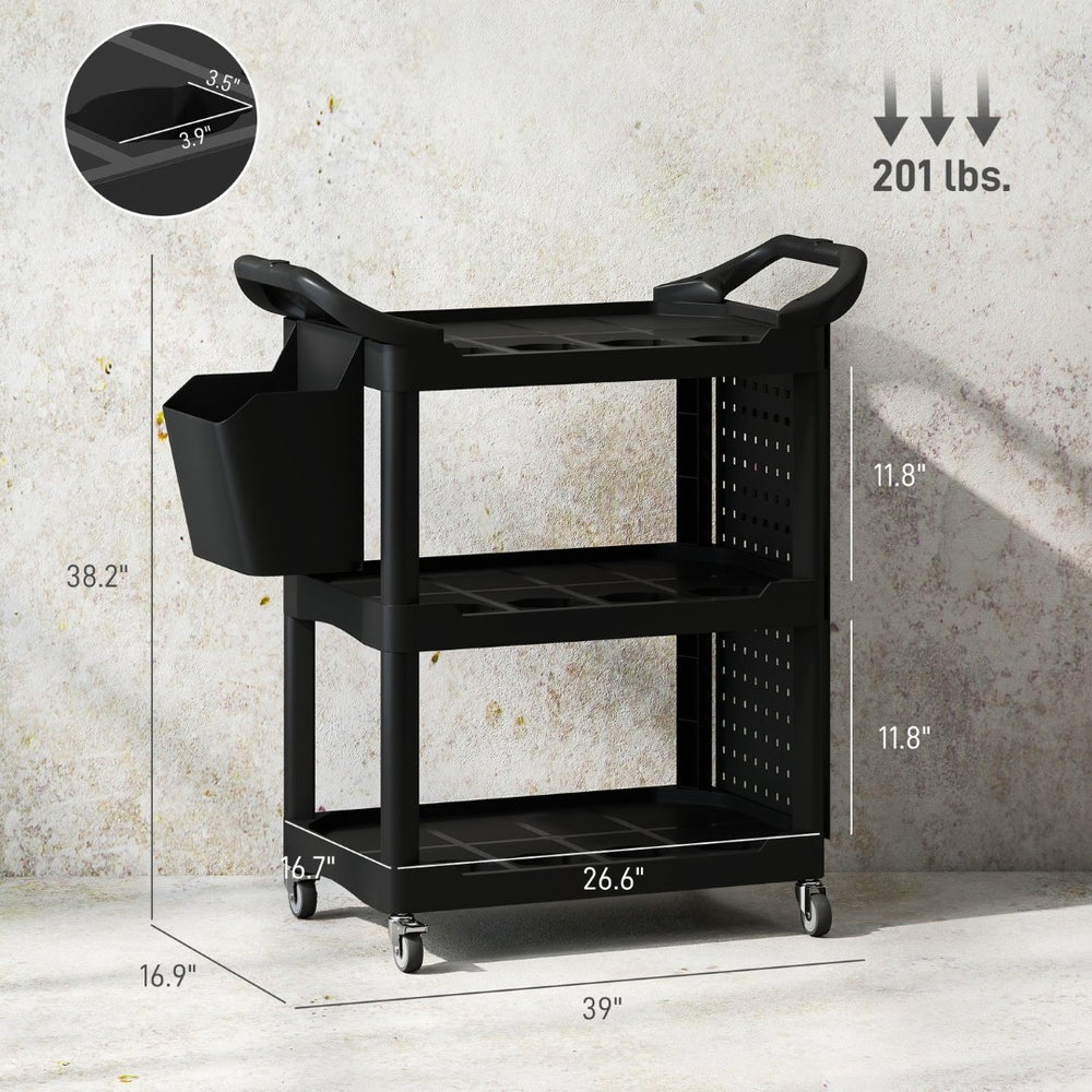 English Elm Capacity 3-tier Rolling Plastic Workshop Cart with Hooks Bucket and Locking Wheels T3971P412589