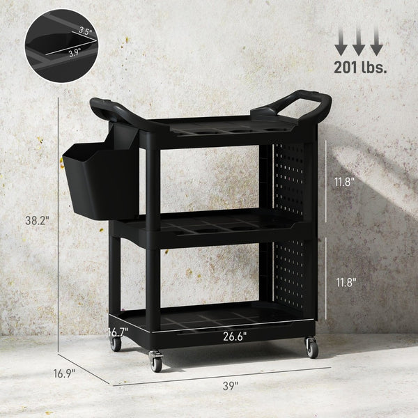 English Elm Capacity 3-tier Rolling Plastic Workshop Cart with Hooks Bucket and Locking Wheels T3971P412589