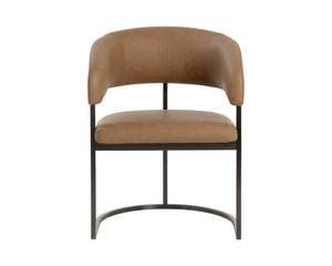 Sunpan MARRIS Dining Armchair - Stylish Gunmetal Frame with Milliken Cognac Faux Leather for Modern Spaces 112391