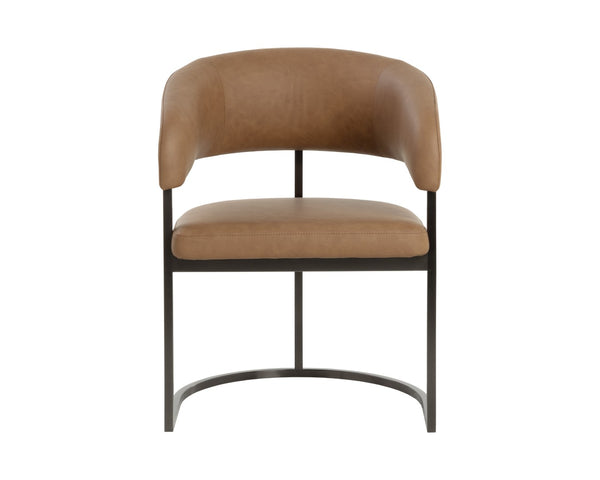 Sunpan MARRIS Dining Armchair - Stylish Gunmetal Frame with Milliken Cognac Faux Leather for Modern Spaces 112391