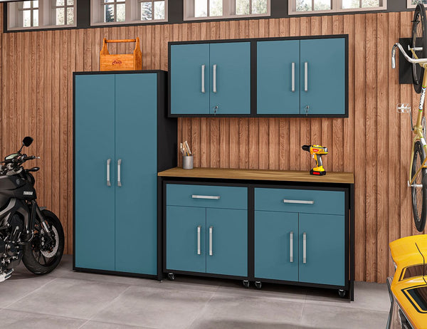 Manhattan Comfort Eiffel Modern Garage Set of 6 Matte Black and Aqua Blue 6-254BMC83