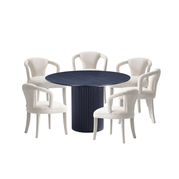 7-Piece Hathaway 59.05 Round Dining Set in Black with 6 Flor Dining Chairs in Ivory 6-DT05DC088AR-BKIV Manhattan Comfort