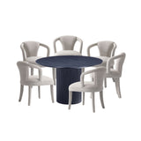 7-Piece Hathaway 59.05 Round Dining Set in Black with 6 Flor Dining Chairs in Silver Lining 6-DT05DC088AR-BKSL Manhattan Comfort