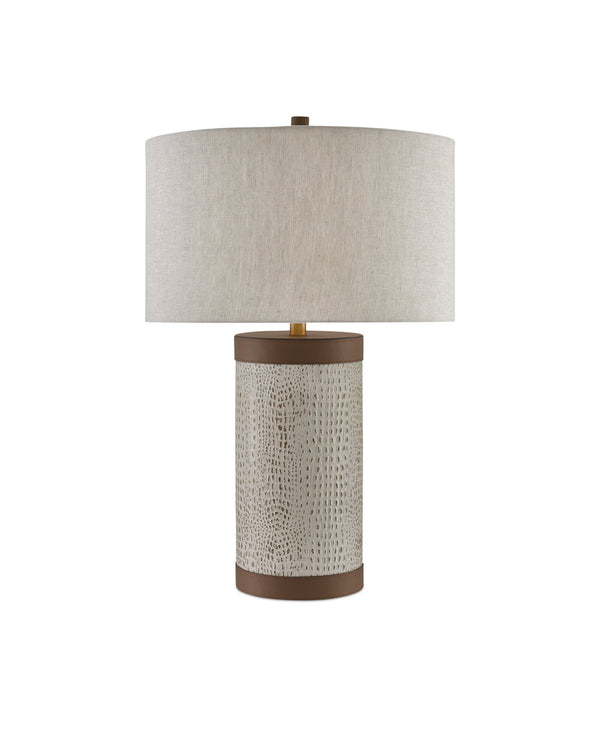 Currey & Company Baptiste Crocodile Embossed Leather Table Lamp with Brass Hardware and Linen Shade 6000-0038