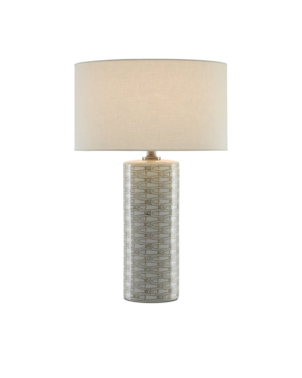 Currey & Company Fisch Handcrafted Porcelain Table Lamp Coastal Fish Motif Linen Shade Nickel Base 6000-0283
