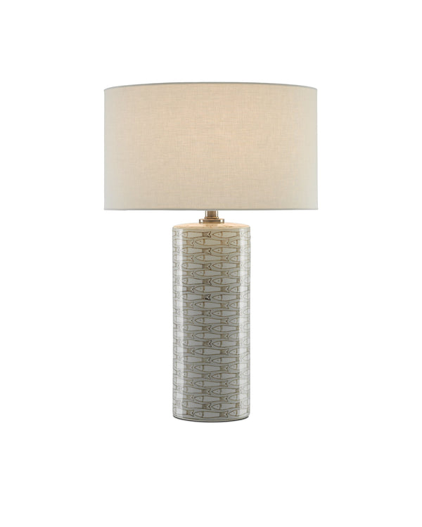 Currey & Company Fisch Handcrafted Porcelain Table Lamp Coastal Fish Motif Linen Shade Nickel Base 6000-0283