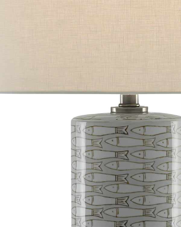 Currey & Company Fisch Handcrafted Porcelain Table Lamp Coastal Fish Motif Linen Shade Nickel Base 6000-0283