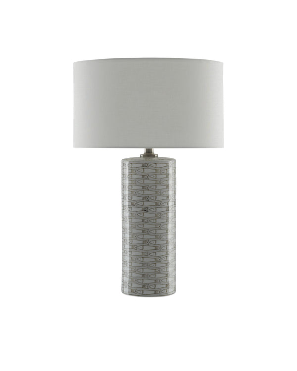 Currey & Company Fisch Handcrafted Porcelain Table Lamp Coastal Fish Motif Linen Shade Nickel Base 6000-0283