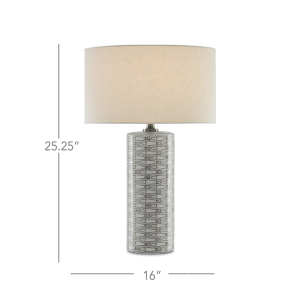 Currey & Company Fisch Handcrafted Porcelain Table Lamp Coastal Fish Motif Linen Shade Nickel Base 6000-0283