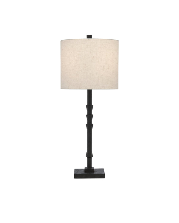 Currey & Company Lohn Cast Iron Sculptural Table Lamp with Beige Poplin Shade for Farmhouse Decor 6000-0344