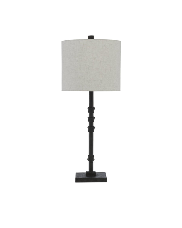 Currey & Company Lohn Cast Iron Sculptural Table Lamp with Beige Poplin Shade for Farmhouse Decor 6000-0344