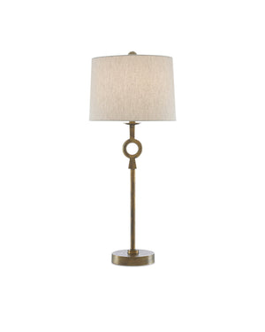 Currey & Company Germaine Antique Brass Floor Lamp Aluminum Stem Cotton Flax Shade Mid-Century Decor 6000-0530