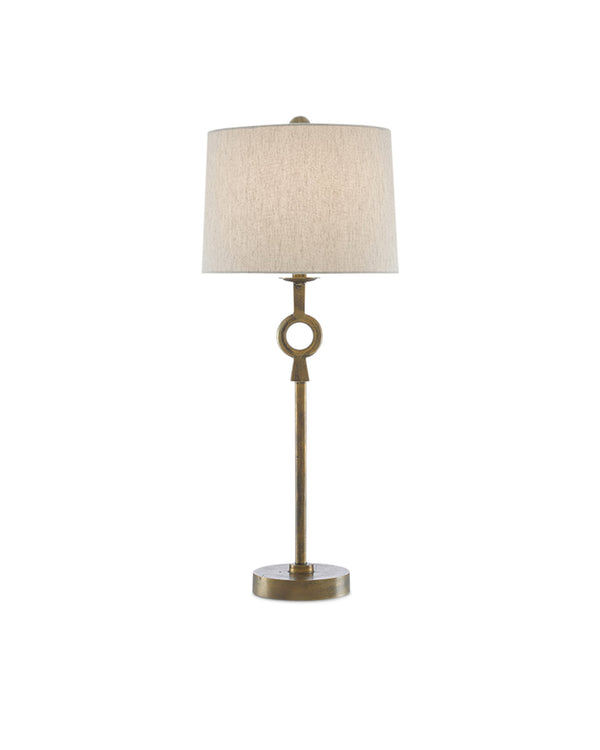 Currey & Company Germaine Antique Brass Floor Lamp Aluminum Stem Cotton Flax Shade Mid-Century Decor 6000-0530