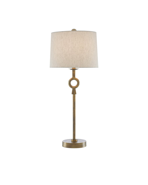 Currey & Company Germaine Antique Brass Floor Lamp Aluminum Stem Cotton Flax Shade Mid-Century Decor 6000-0530