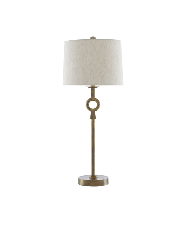 Currey & Company Germaine Antique Brass Floor Lamp Aluminum Stem Cotton Flax Shade Mid-Century Decor 6000-0530