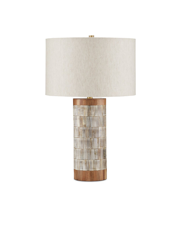 Currey & Company Hyson Horn and Bone Table Lamp with Linen Drum Shade Brass Artisan Warmth 6000-0823