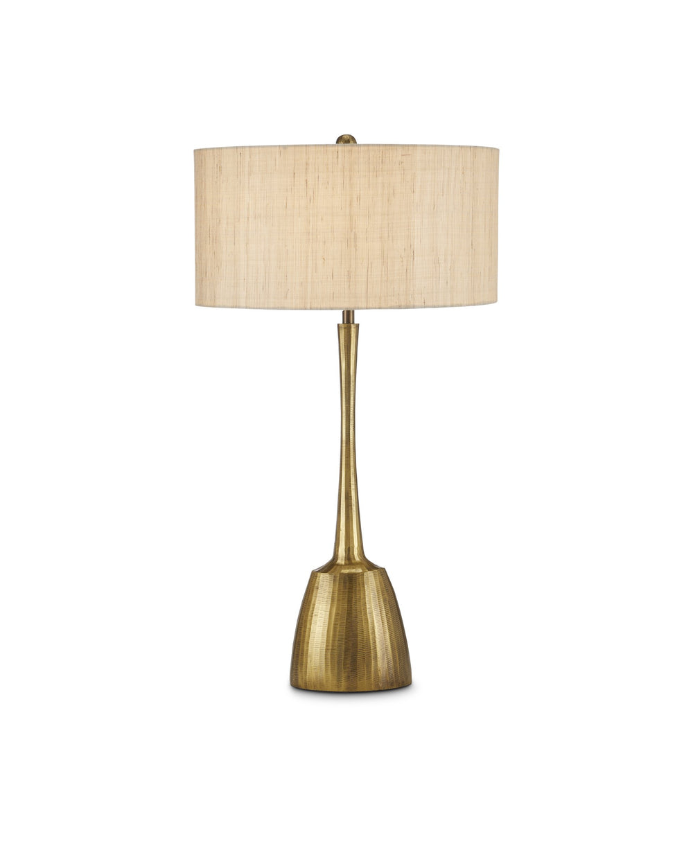 Currey & Company Cheenee Antique Brass Table Lamp with Linen Shade Brutalist Sculptural Design 6000-0861