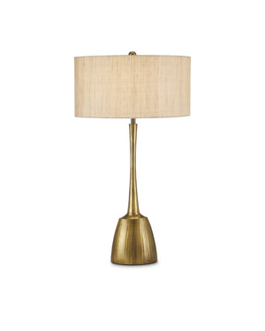Currey & Company Cheenee Antique Brass Table Lamp with Linen Shade Brutalist Sculptural Design 6000-0861