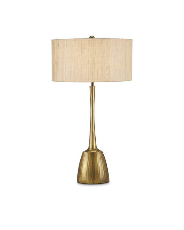 Currey & Company Cheenee Antique Brass Table Lamp with Linen Shade Brutalist Sculptural Design 6000-0861