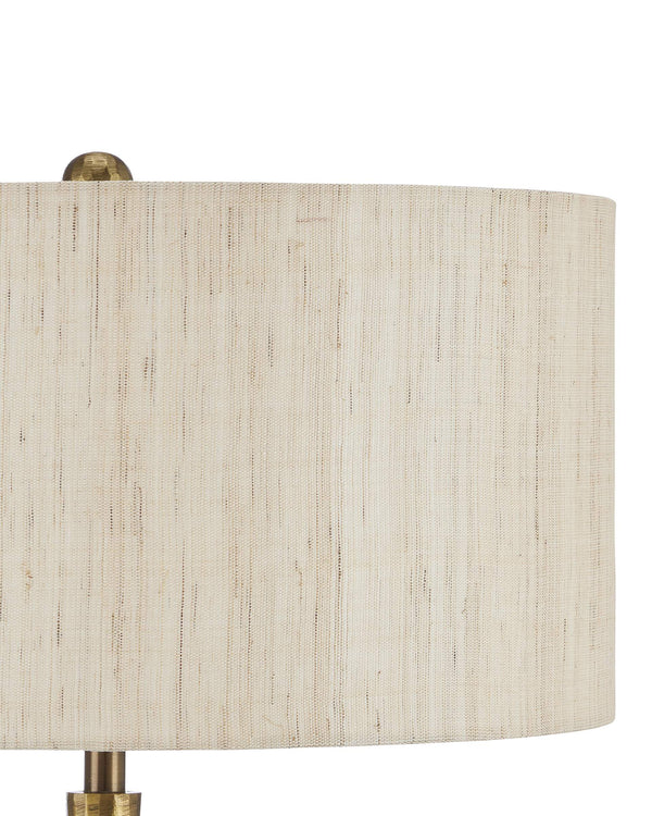 Currey & Company Cheenee Antique Brass Table Lamp with Linen Shade Brutalist Sculptural Design 6000-0861