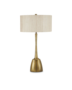 Currey & Company Cheenee Antique Brass Table Lamp with Linen Shade Brutalist Sculptural Design 6000-0861