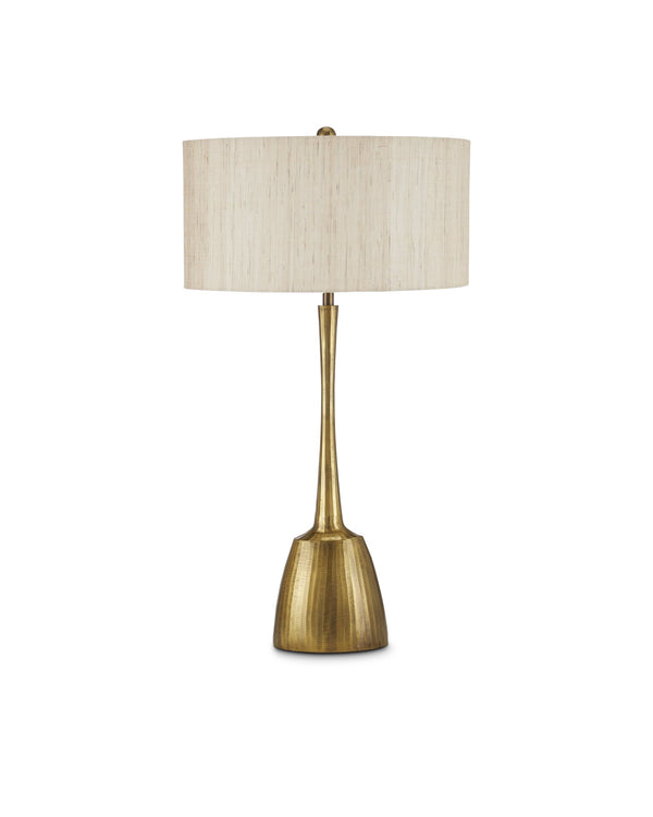 Currey & Company Cheenee Antique Brass Table Lamp with Linen Shade Brutalist Sculptural Design 6000-0861