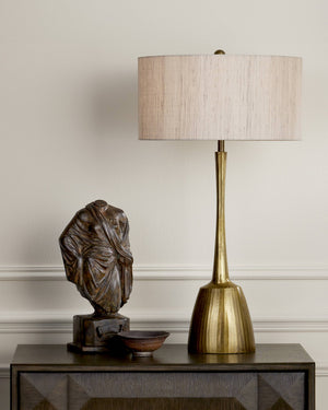 Currey & Company Cheenee Antique Brass Table Lamp with Linen Shade Brutalist Sculptural Design 6000-0861